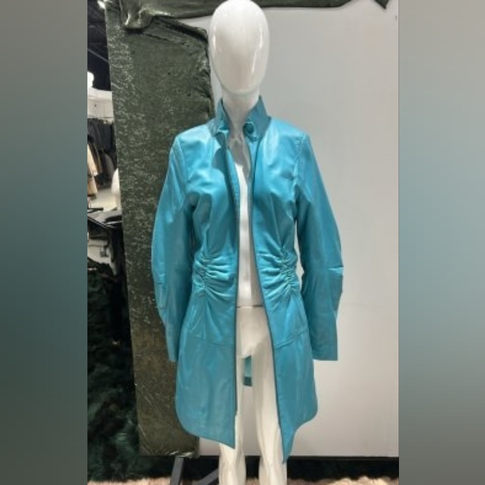 Ottimo Lamb Leather Women's Blue Trench Coat NWT